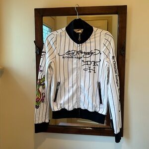ED HARDY Vintage Women’s Black and White Pinstripe Zip Up